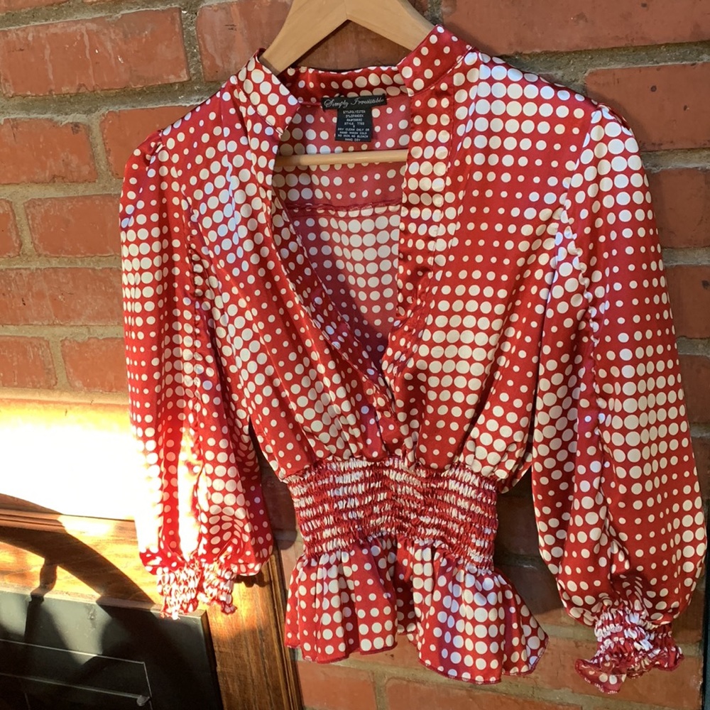 Vintage style puff sleeve peplum polka dot blouse top - Picture 2 of 5